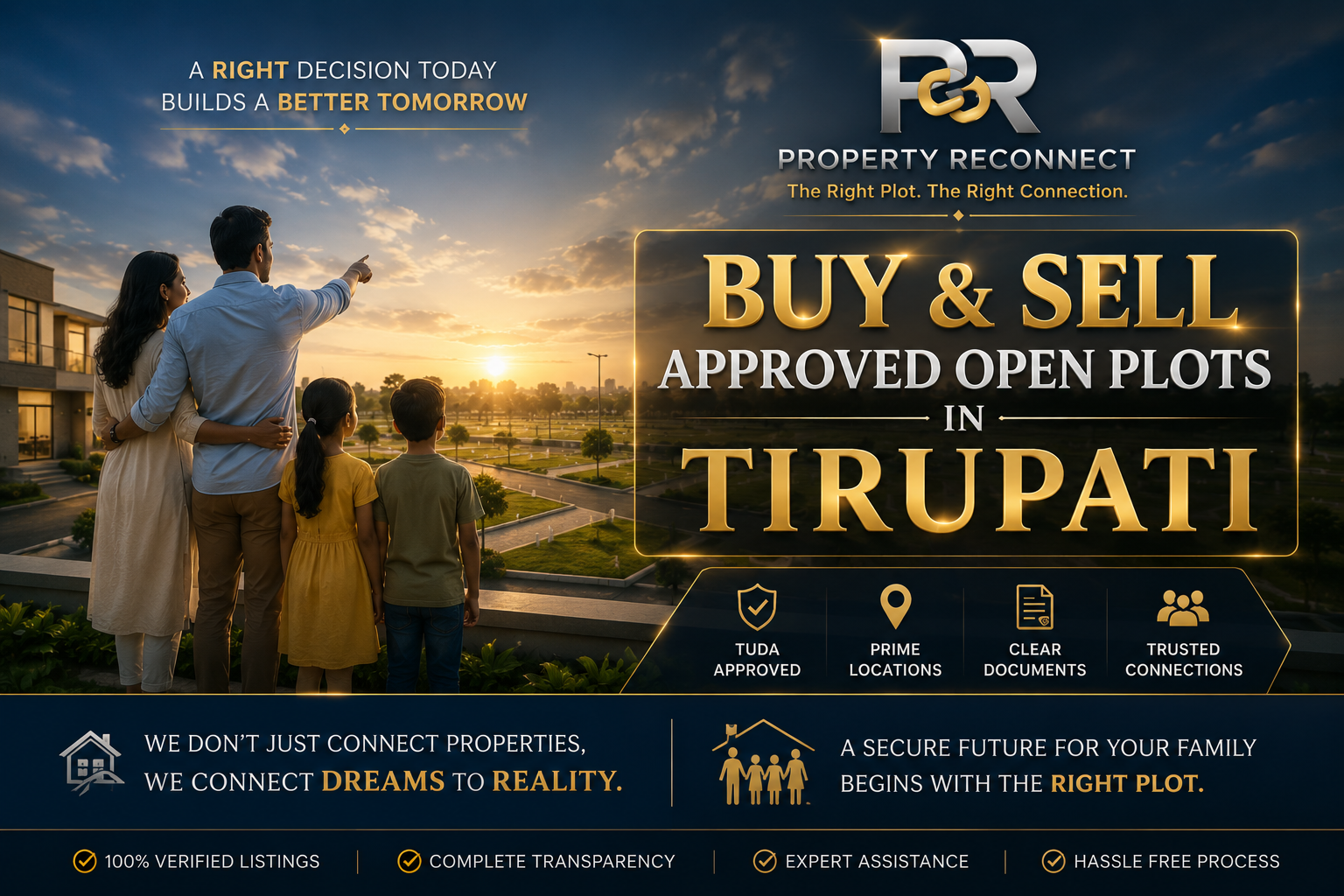A family looking over a planned community, representing a better future through the right plot